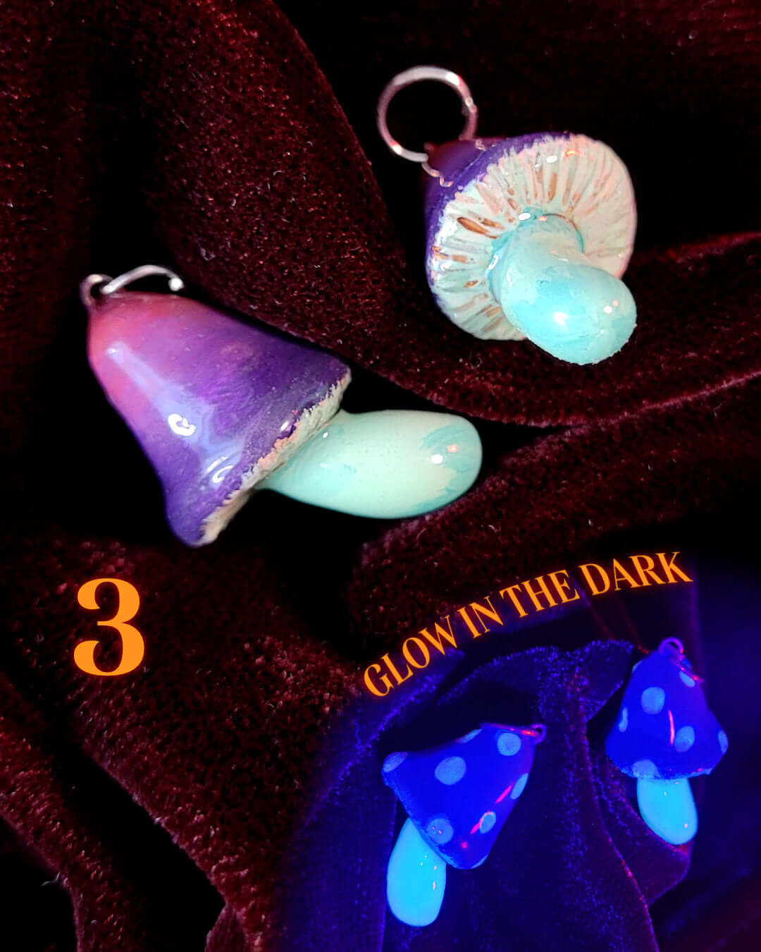 Charms ou pendentifs faits main en forme de champignons bleus et violets qui brillent dans le noir.