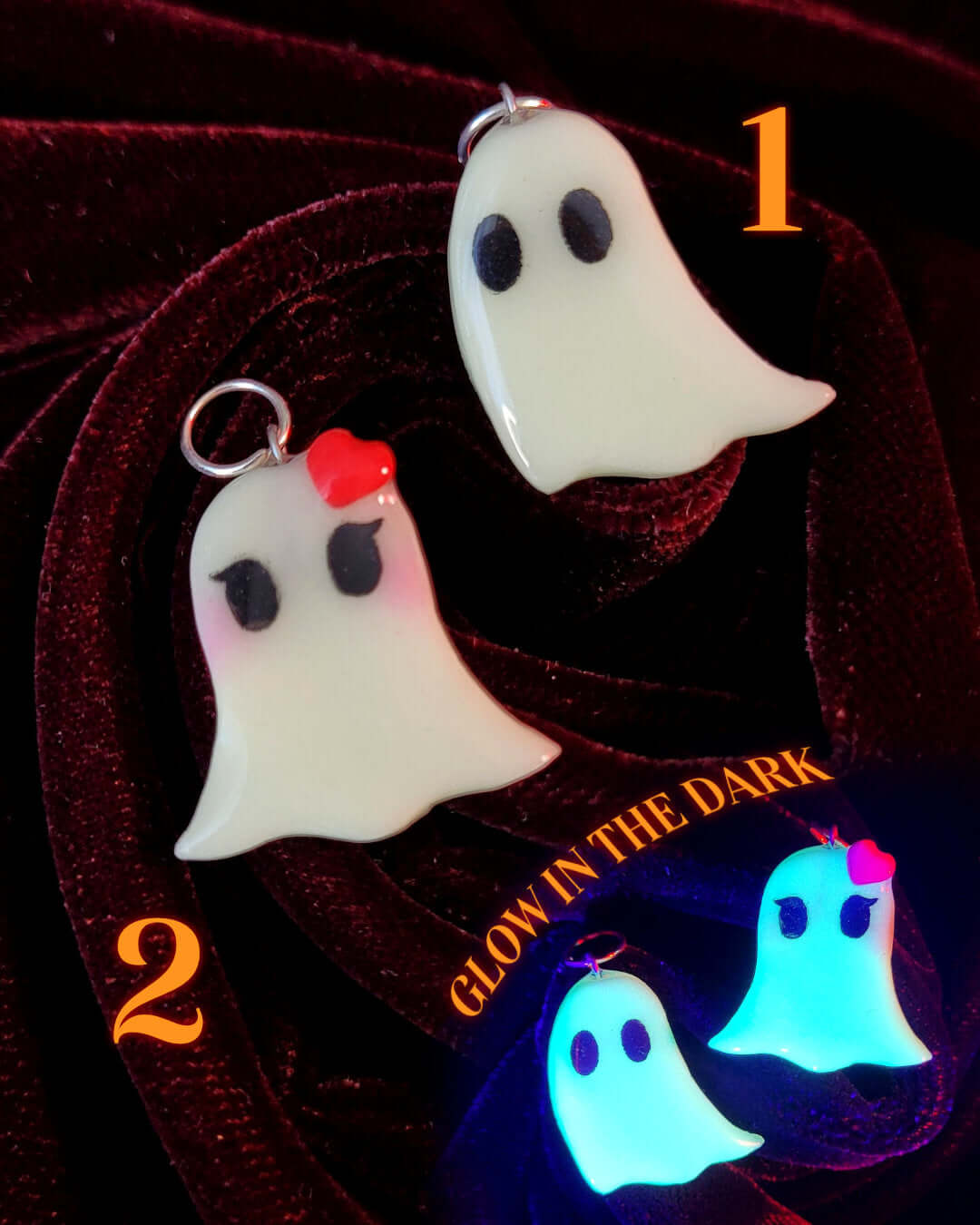 Duo de charms ou pendentifs faits main en forme de fantômes qui brillent dans le noir. L'un est simple, l'autre est kawaii.