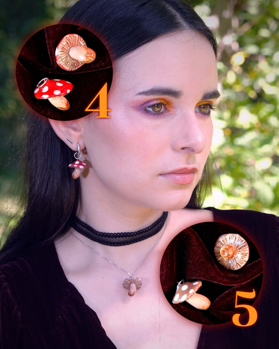 Modèle féminin portant une boucle d'oreille en forme de champignon rouge type amanite et un pendentif champignon brun à pois.
