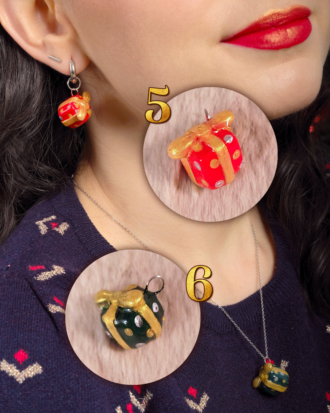 Pendentifs faits main portés par une femme : cadeaux rouges et verts