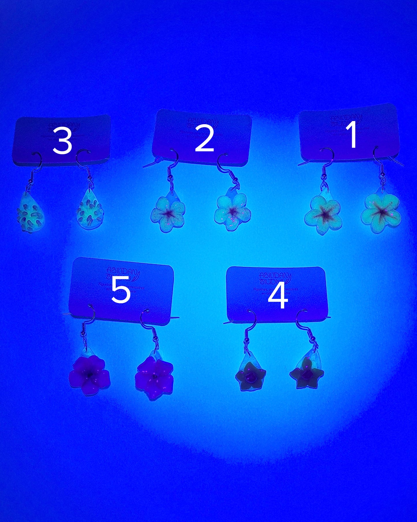  5 paires de boucles d'oreilles ornées de fleurs variées phosphorescente sous lumière UV