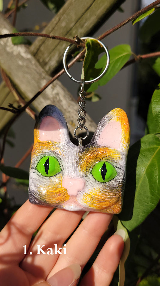 Porte clef en forme de tête de chat calico aux yeux verts