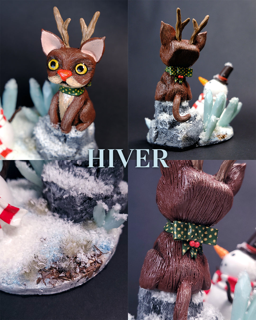 Figurine mignonne sur le thème de l'hiver avec un chat renne et un bonhomme de neige dans un environnement montagnard