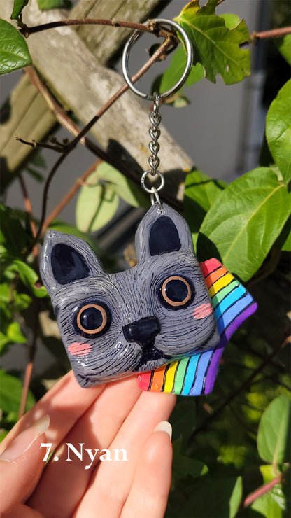  Porte clef en forme de tête de chat gris aux yeux marrons avec un arc-en-ciel inspiré du Nyan Cat